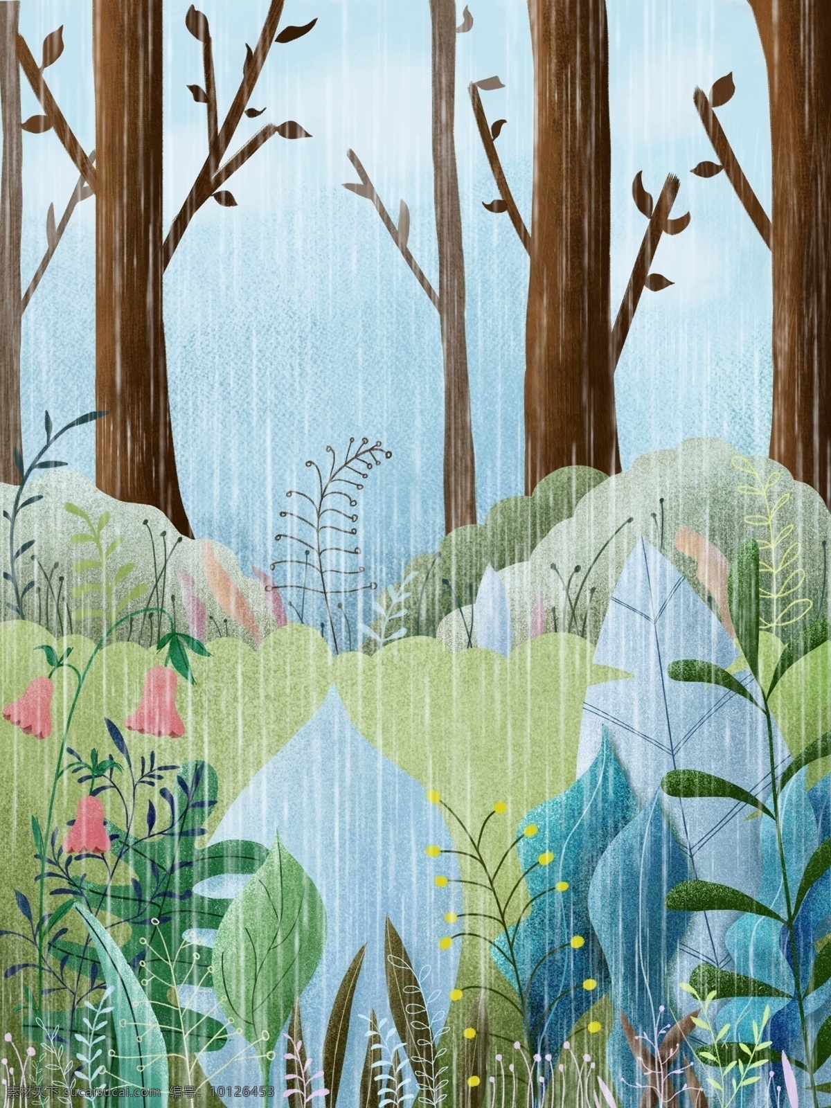 插画 下雨 植物 场景 雨天 树 叶子 绿地