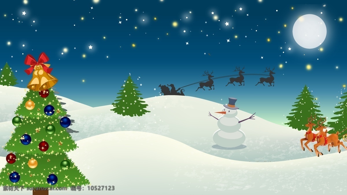 铃儿响叮当 圣诞树 月光 爷爷 滑雪 星星 夜晚 下雪 麋鹿 铃铛 白色