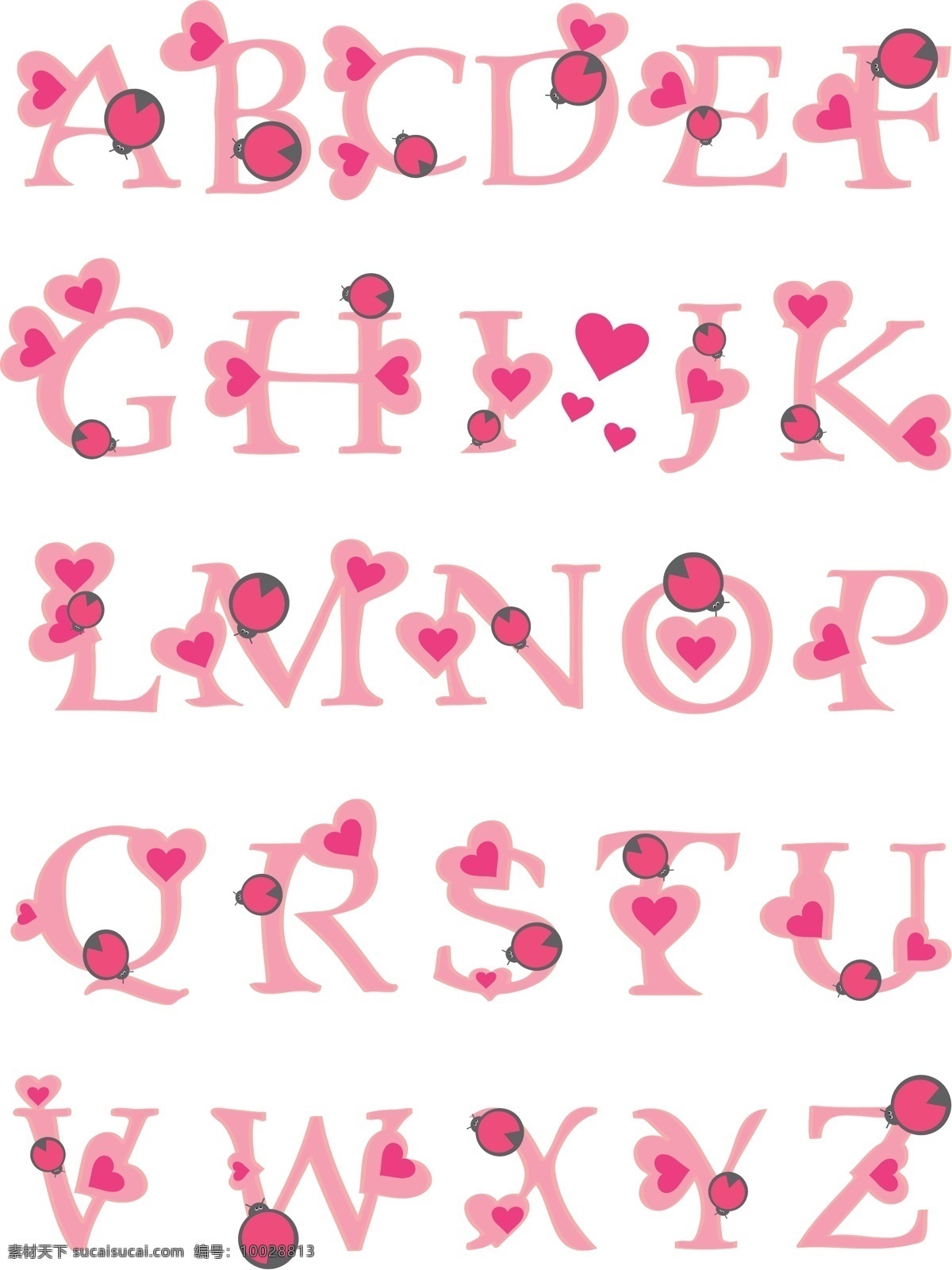 孩子 般 粉红色 英文 字母 矢量 爱 粉红 卡通 瓢虫 矢量字体 顺序 排列 天真烂漫 矢量图 艺术字