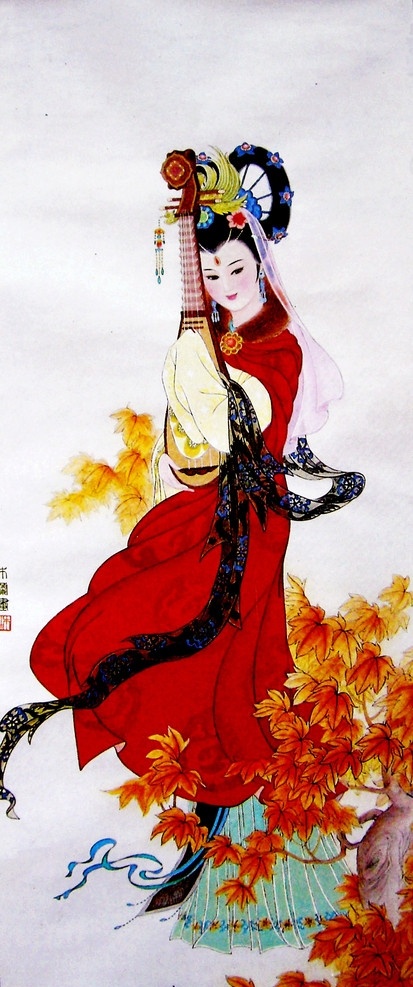 王昭君 美术 绘画 中国画 彩墨画 工笔重彩画 汉代美人 美女 女子 佳人 聪慧 美丽 落雁 天生丽质 服装 发型 动作 表情 姿势 琵琶 塞外 红叶 国画艺术 书法 印章 工笔画 仕女 集锦 绘画书法 文化艺术