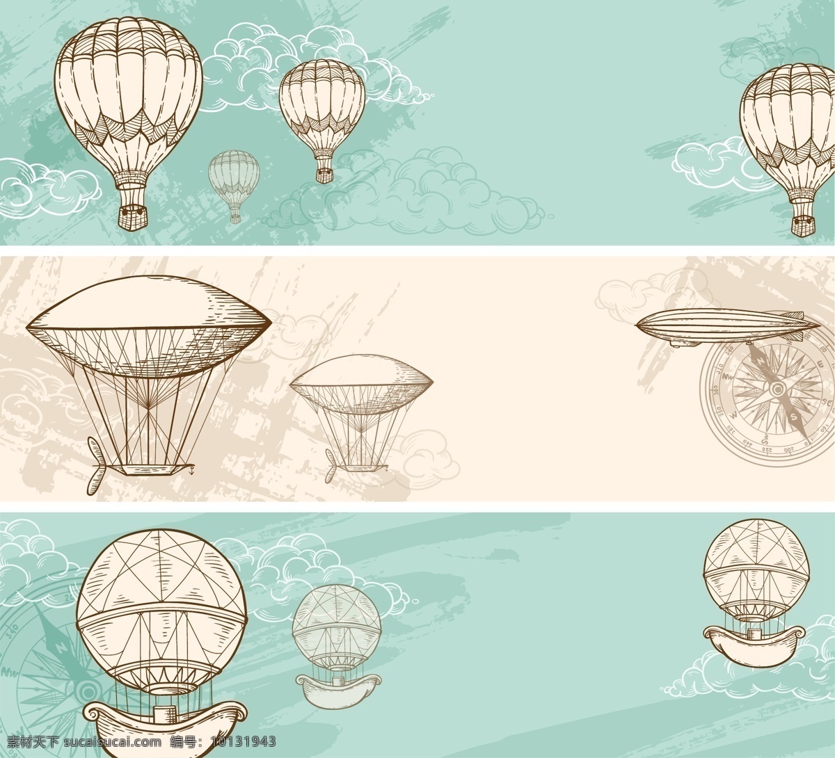 复古 手绘 热气球 插画 古代 地图 航海 元素