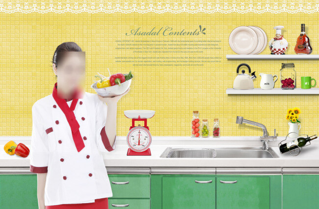 清新简约风格 食物 宣传单 韩式 韩国 美食 美女 厨房 厨师 新鲜 食材 商业 宣传 健康 减肥餐 黄色