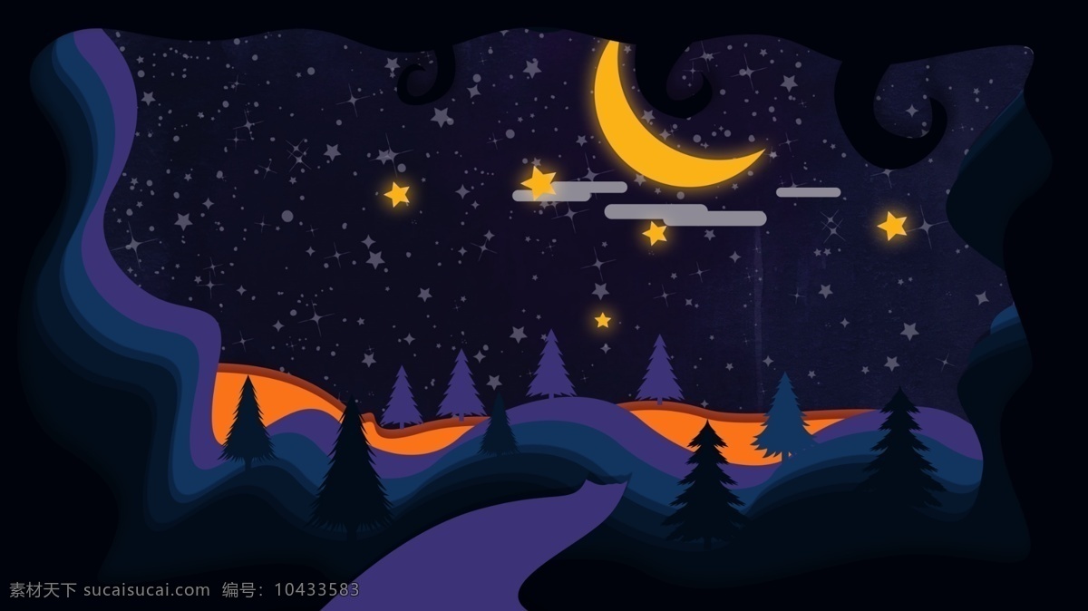 夜晚 树林 上 空中 月亮 星星 卡通 背景 上空