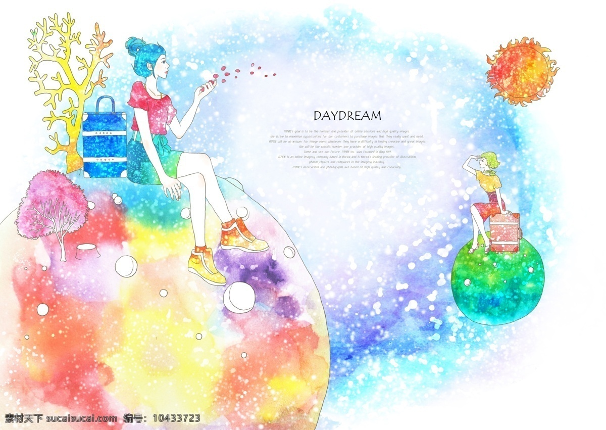 圆球 上 坐 美女 psd素材 插画 女孩 树木 坐着 psd源文件
