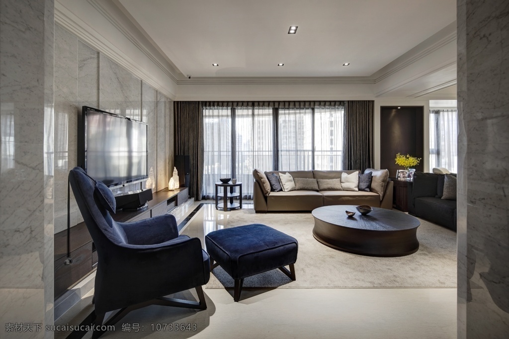 现代 时尚 客厅 瓷砖 背景 墙 室内装修 效果图 客厅装修 白色地板 浅色地毯 深蓝色沙发