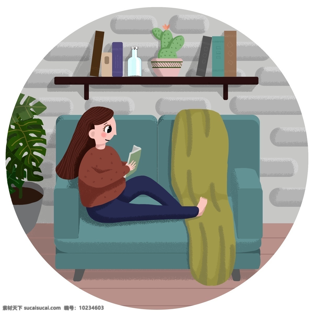 冬季 宅 在家 中 看书 女孩 沙发 书籍 地板 家里 毯子 绿色植物 仙人掌 书架 玻璃瓶 装饰墙