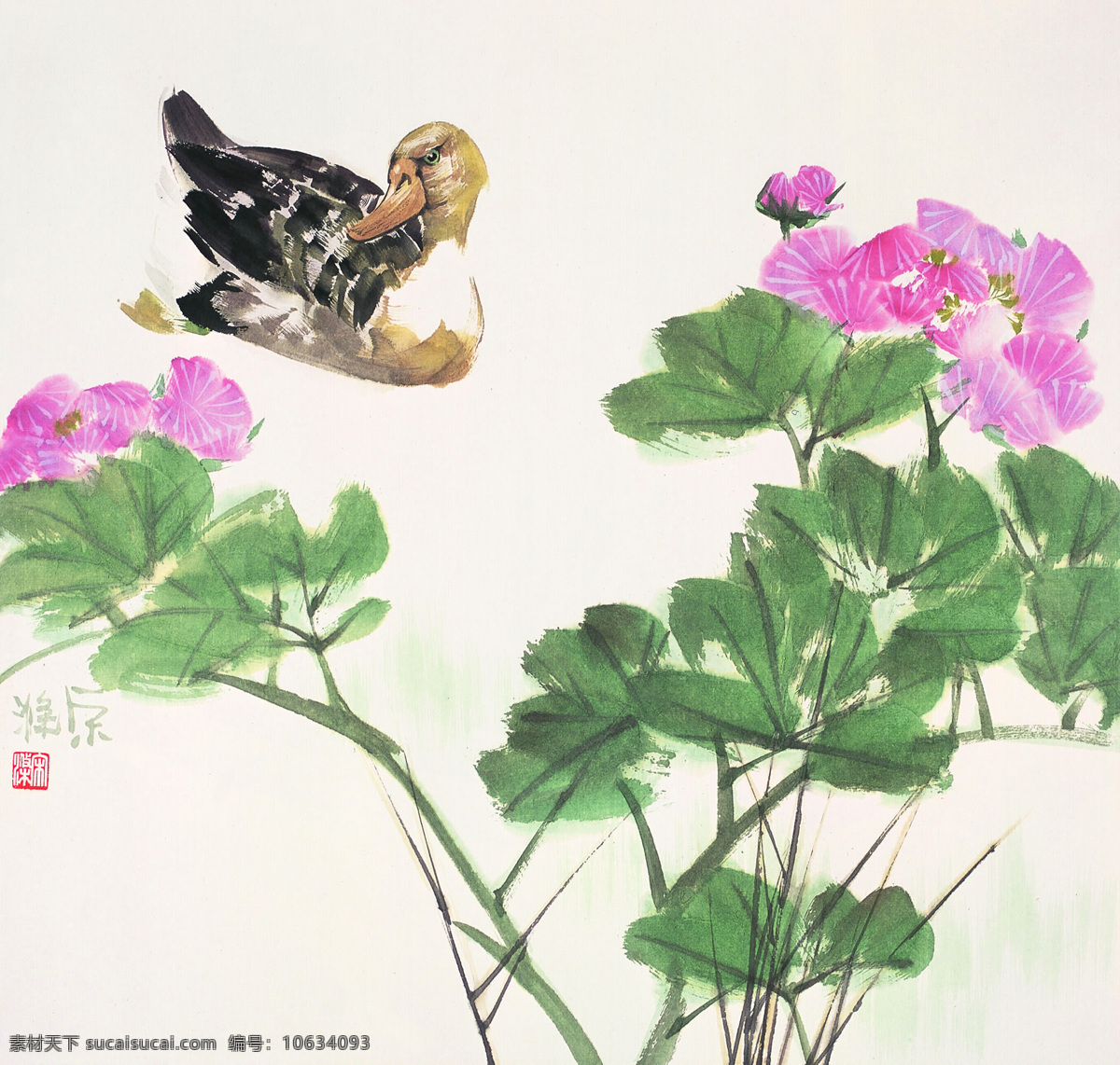 花卉国画 国画 宋涤 鸭子 水鸭 芙蓉 芙蓉花 花卉 绘画书法 文化艺术