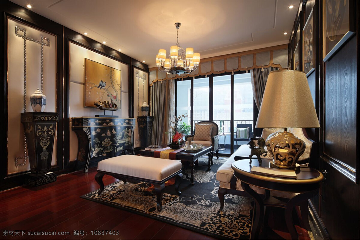 中式 风格 客厅 装修 效果图 书柜 沙发 桌子 窗帘 家具 时尚家居 室内装修设计 室内装潢 室内设计 空间环境