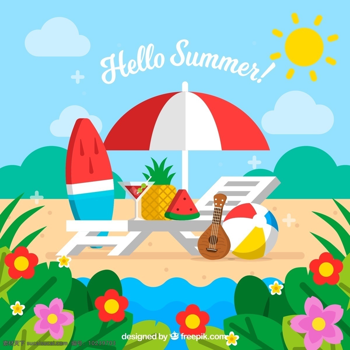 彩绘 夏季 沙滩 棕榈树 风景 大海 遮阳伞 椰子树 矢量图 夏日海报 海边素材
