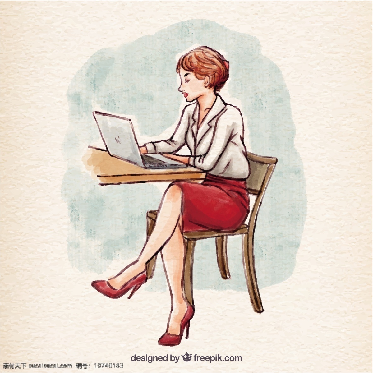 手绘 女人 笔记本 电脑 水彩画 业务 一方面 涂料 笔记本电脑 工作 生意人 企业家 商人 手画 画