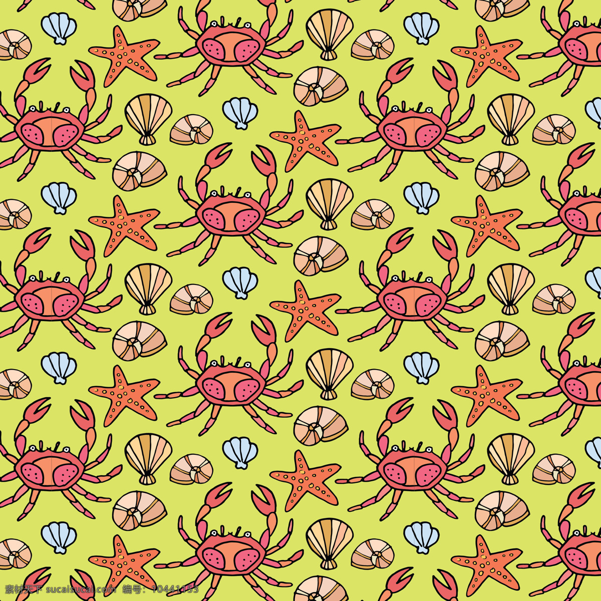卡通 海鲜 填充 背景 彩色 海星 螃蟹 贝壳 矢量背景 广告背景