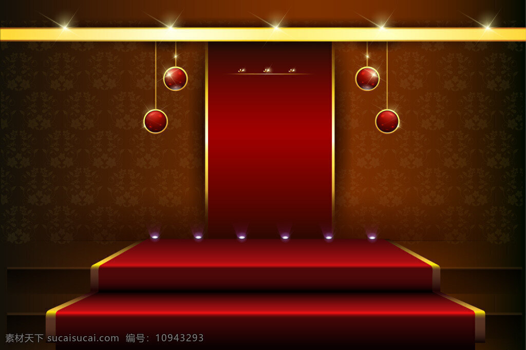 矢量 质感 欧式 立体 舞台 背景 红色 彩球 吊饰 台阶 节日 庆祝 海报