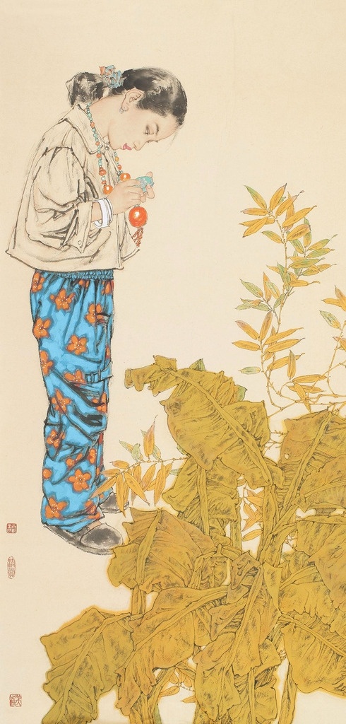 人物国画 国画 王根生 黄叶 专注 少女 人物 绘画书法 文化艺术