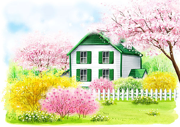 万 花丛 中小 房子 插画 花树 庄园 绿地 风景 春天风景 春天花朵 白色