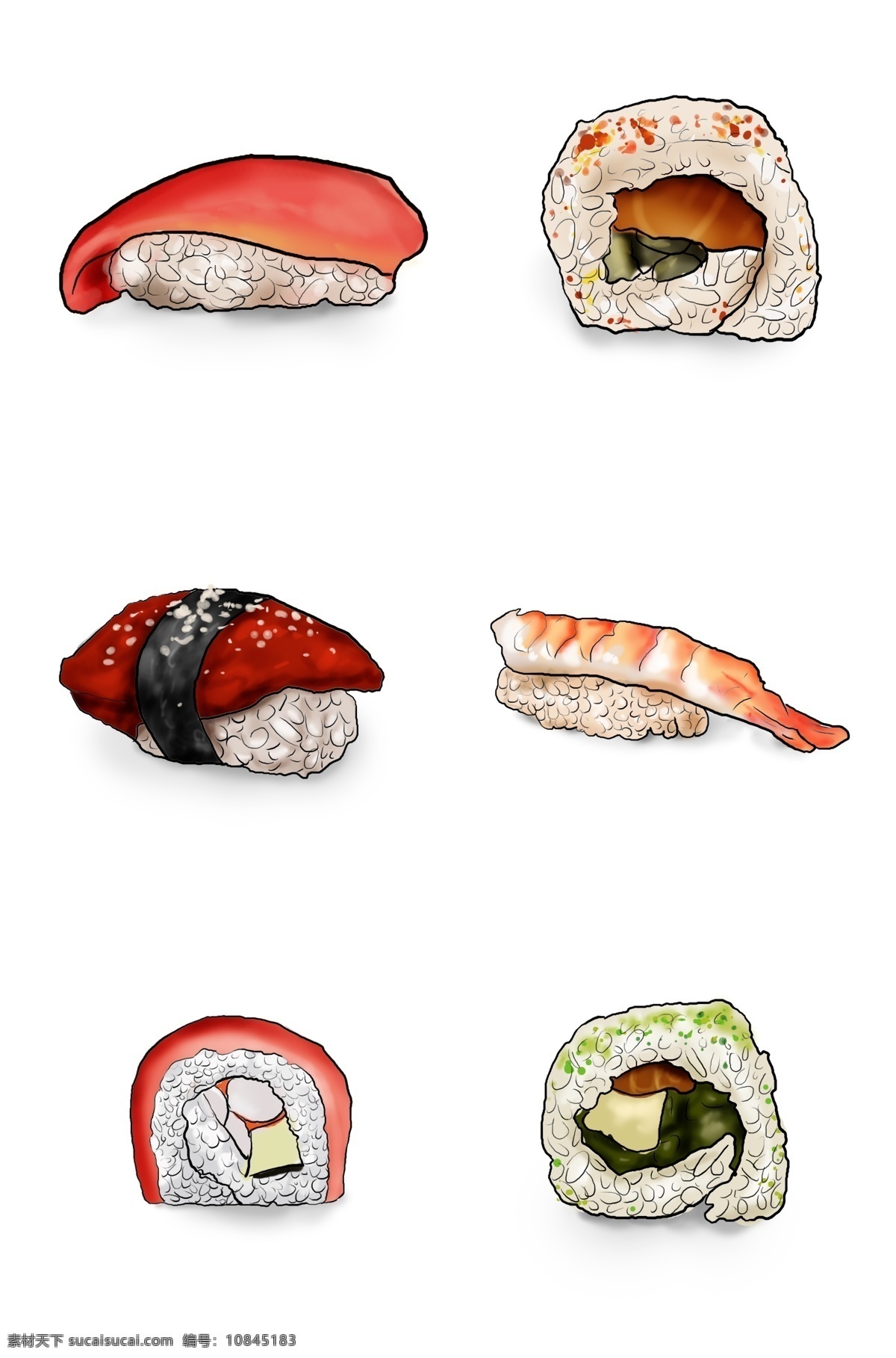 手绘 多日 料 寿司 卷 米 海苔 食物 韩式 韩国 料理 插画 美食 日本 日式 鱼肉 美味 海鲜 鱼子