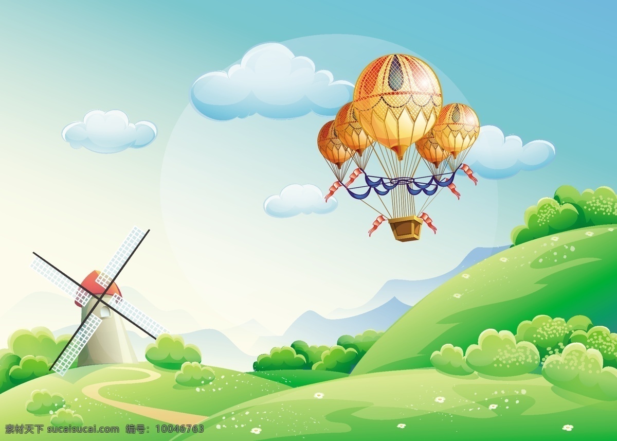 精美童话插画 矢量素材 热气球 风车 卡通风景 漫画草原 云朵 动漫景色