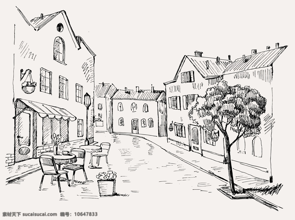 咖啡厅 街道 速写 咖啡馆 桌子 椅子 素描 写生 插画 绘画艺术 空间环境 矢量素材 白色