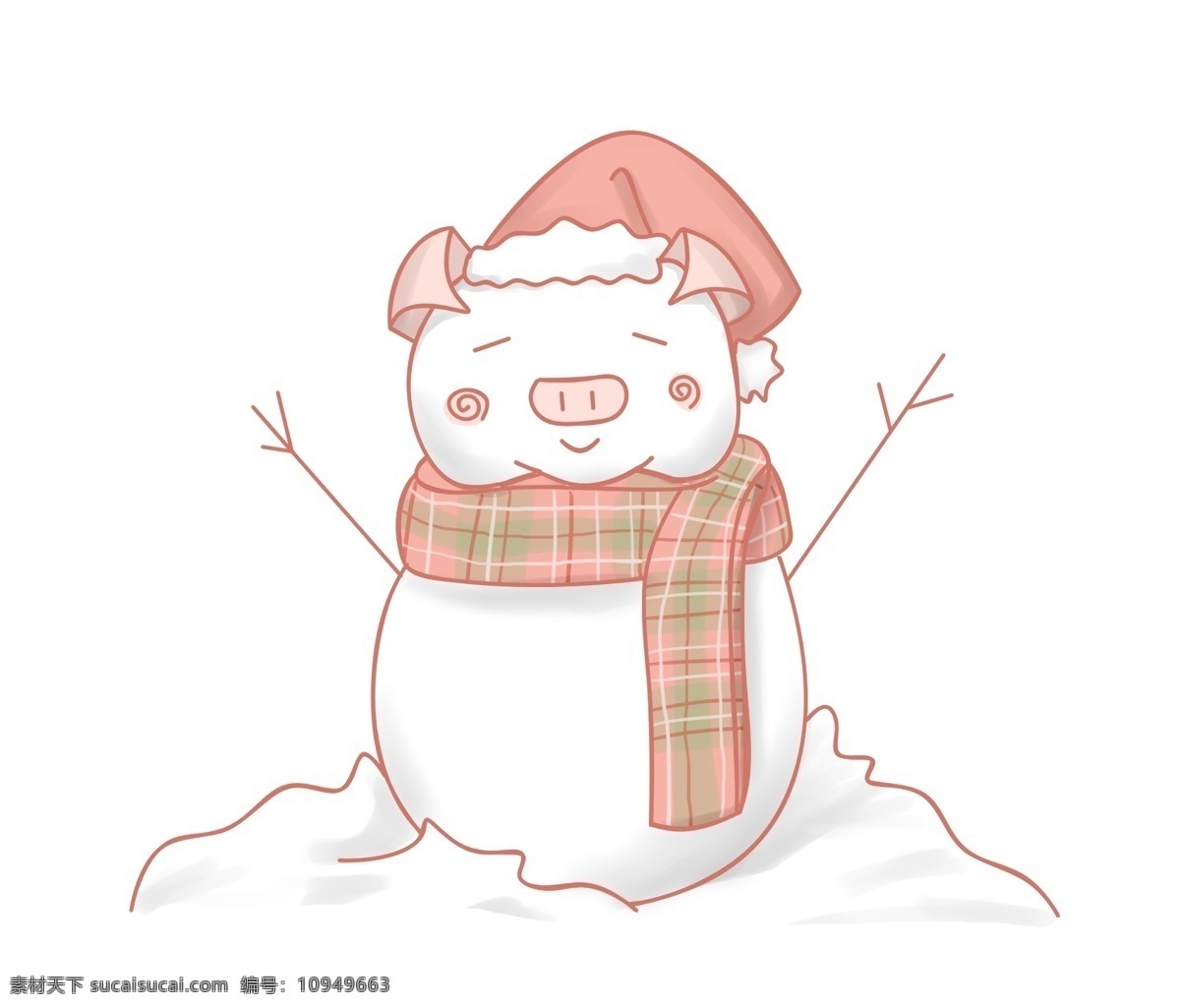 新年 白色 小 猪 雪人 红色的帽子 红色的围巾 白色的雪人 新年小物插画 漂亮