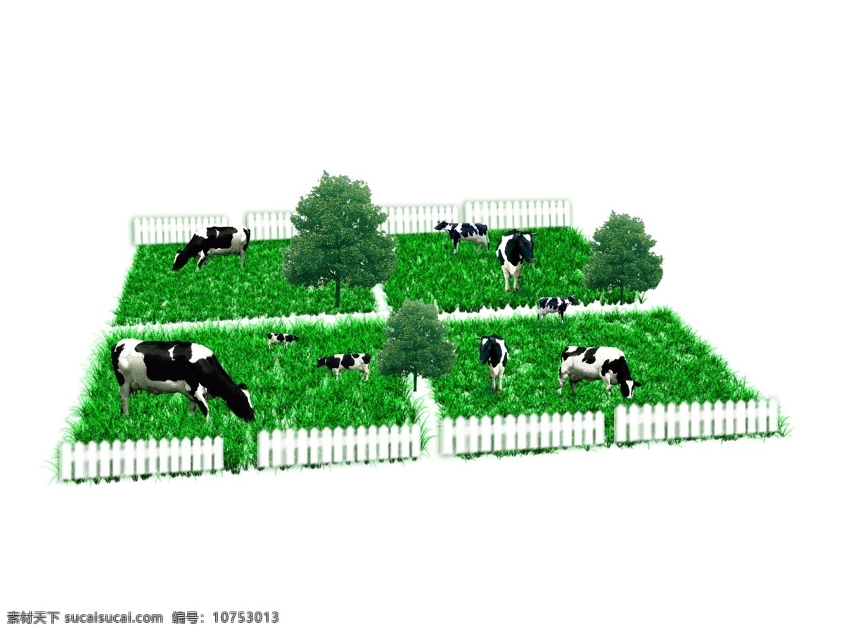 草皮奶牛装饰 绿色 栅栏 草皮 奶牛 装饰 分层