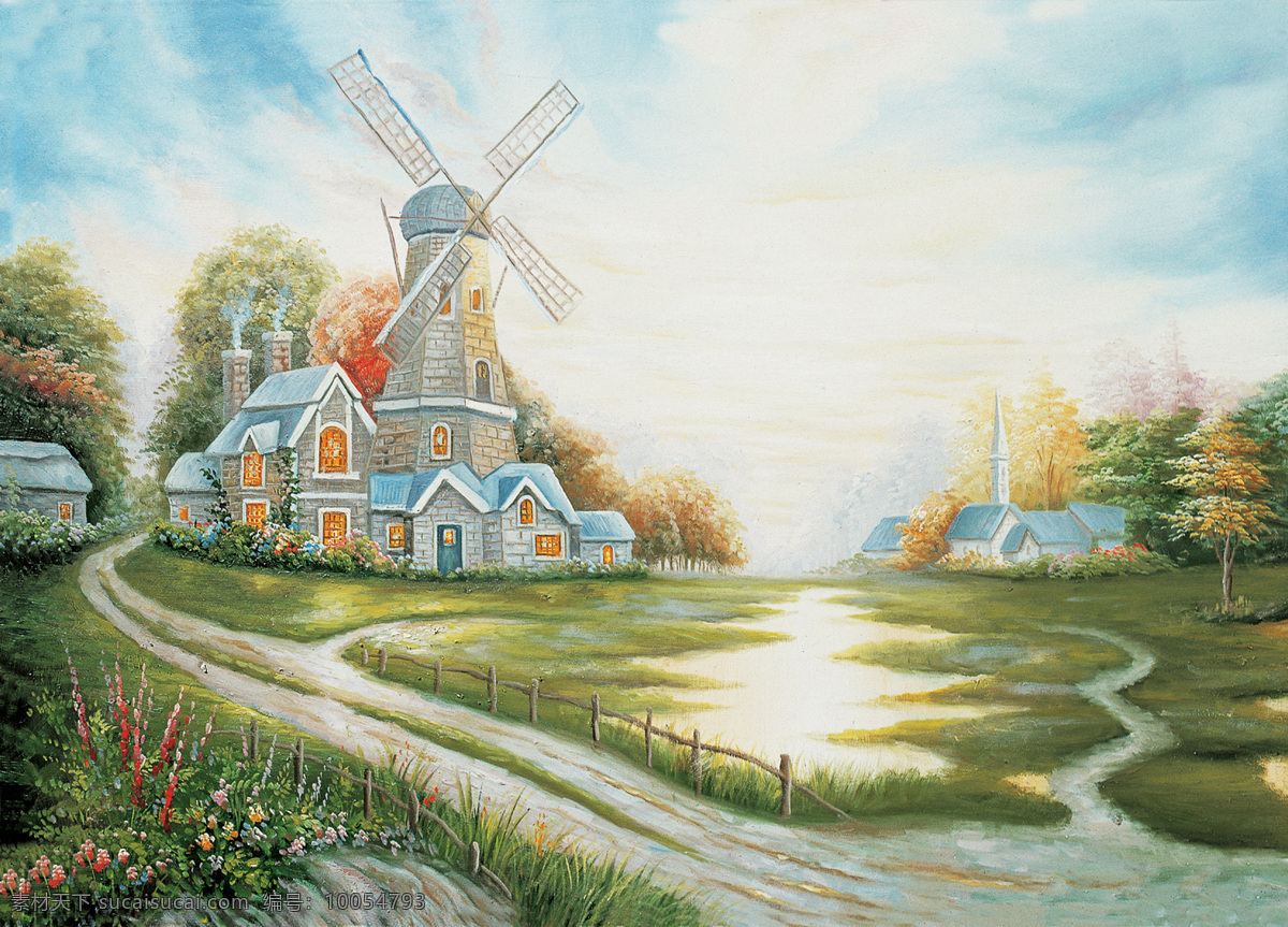 风车 风景画 背景 墙 精美 油画 乡村风景 欧洲 欧式 背景墙 背景图片 装饰画 免费素材下载