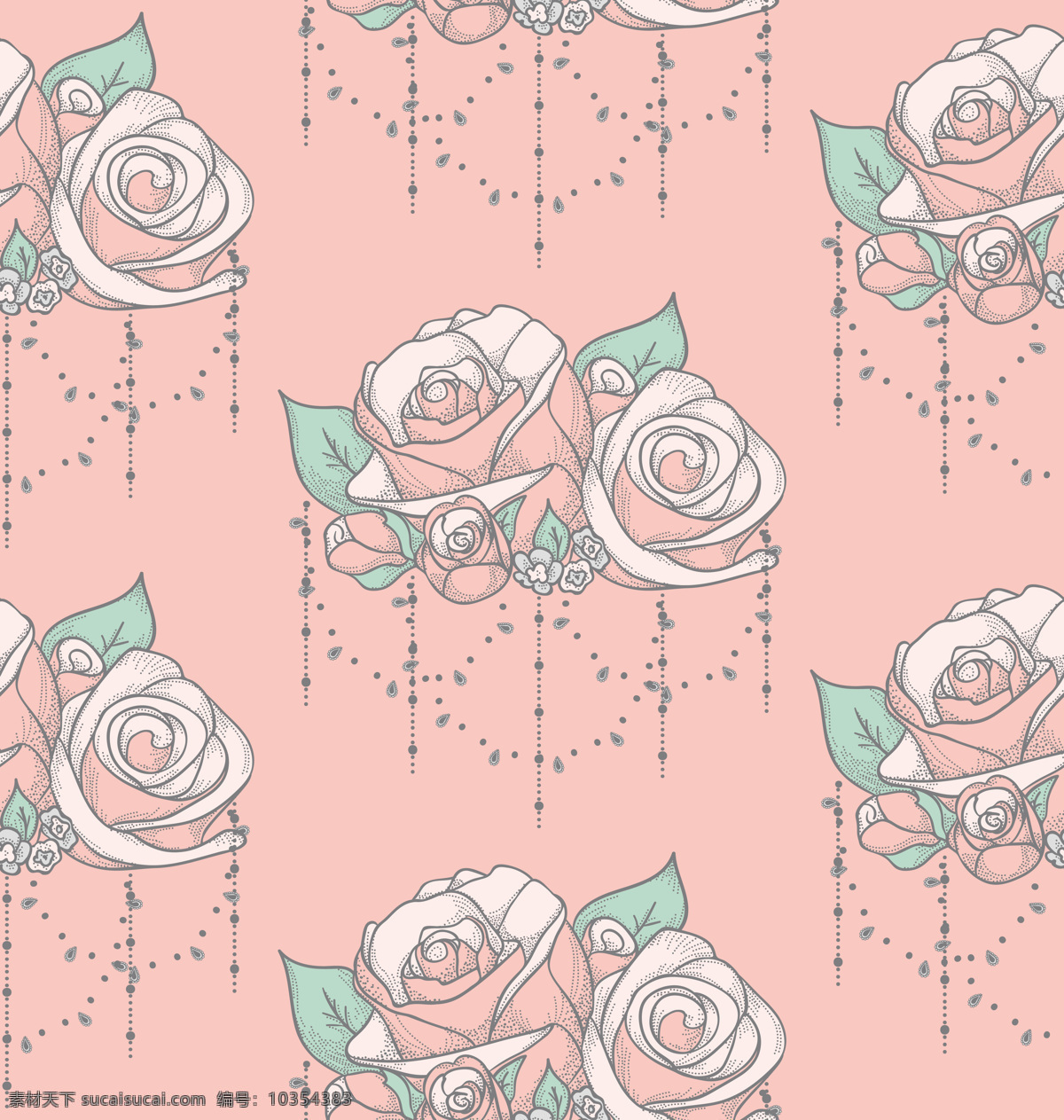 彩绘 古典 花朵 背景 白色 背景素材 粉红色 绿色 玫瑰花 叶子 珠帘