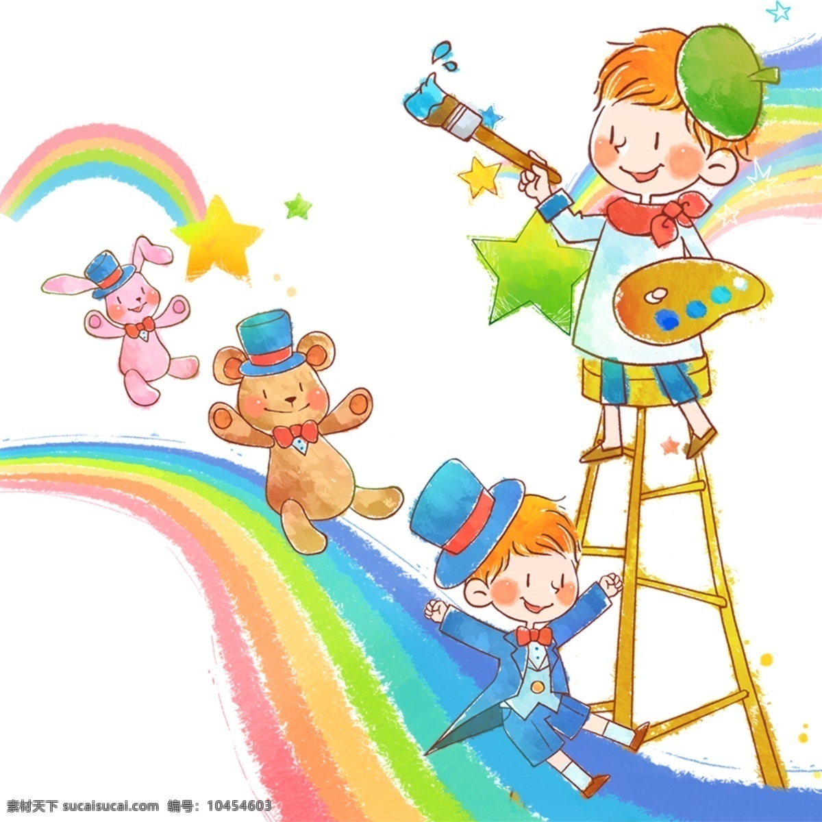 小王子 卡通 男孩 小熊 兔子 戴礼帽 彩虹 滑梯 画画 小画家 梯子 油画 可爱 好朋友 人物图库 儿童幼儿 白色