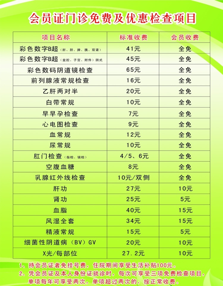 医院 会员证 活动项目 免费 优惠 b超 阴道镜 前列腺炎 内科 收费标准 会员收费 展板模板 矢量