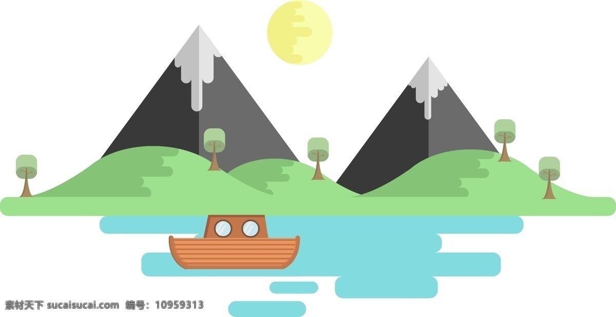 矢量 树林 河水 蓝色 山丘 风景 小船 扁平 扁平山 绿色 动漫动画 风景漫画