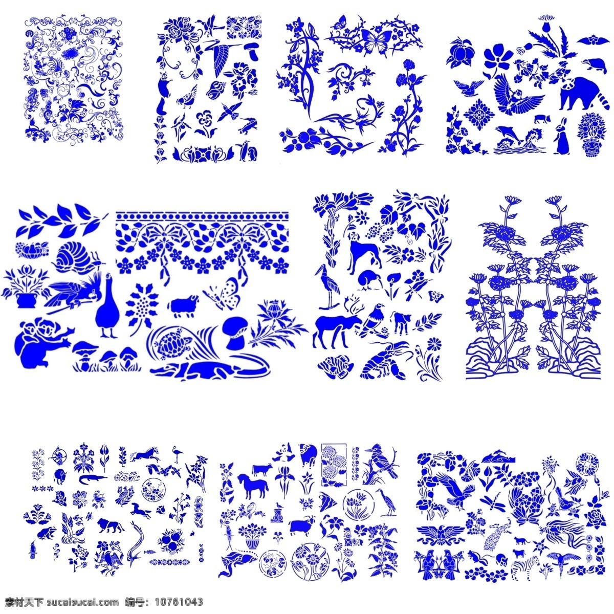 高清晰 青花瓷 图案 分层 蝴蝶 虎 花瓣 牛 源文件 马 水中动物 psd源文件