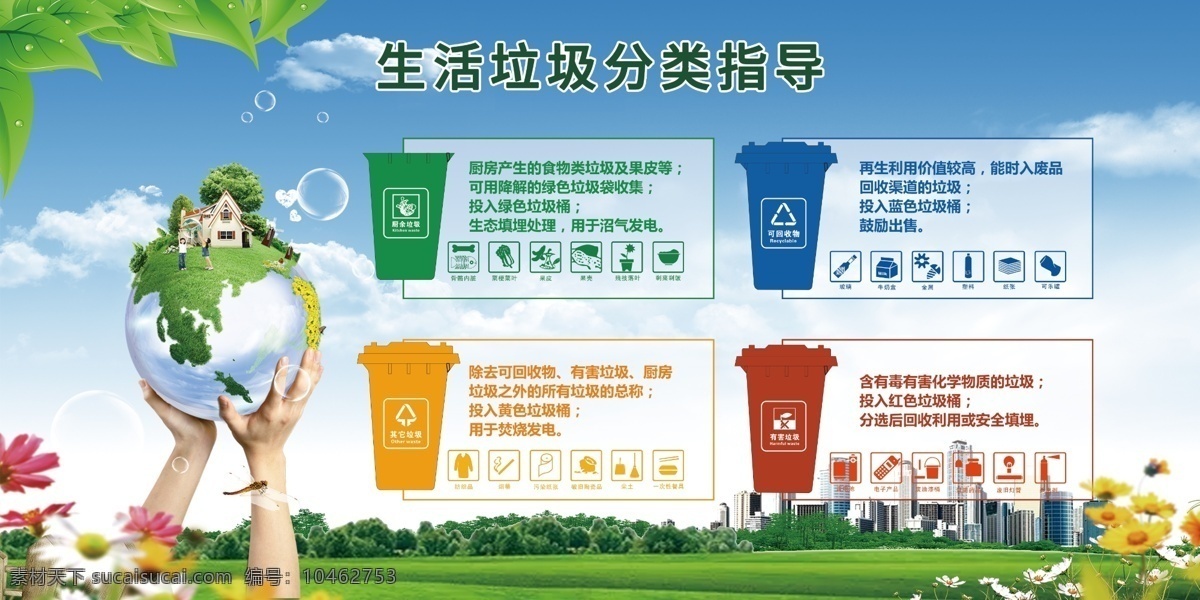 生活 垃圾 分类 指导 生活垃圾 分类指导 蓝天 白云 草地 地球 手托地球 绿化 我们的家 城市 有害垃圾