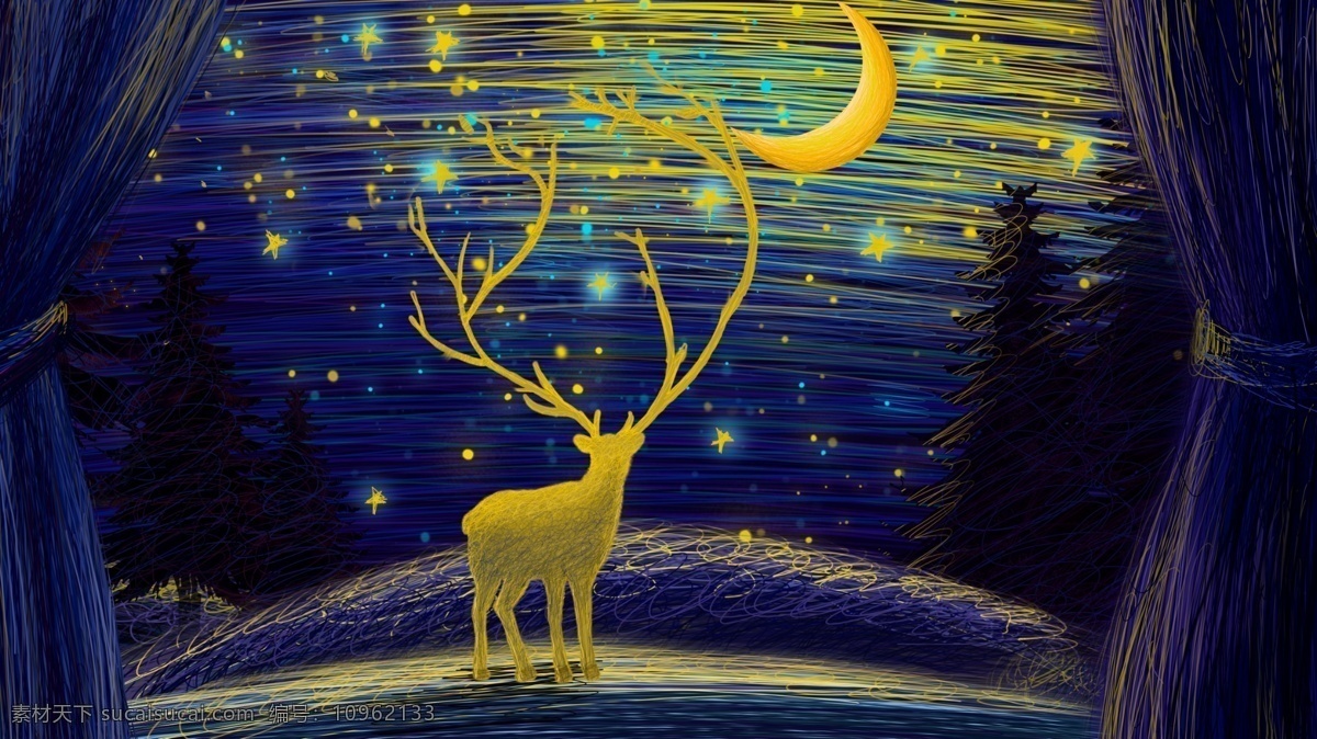 线圈 治愈 奇妙 星空 下 鹿 森林 深山 唯美 舞台布 星月 治愈系