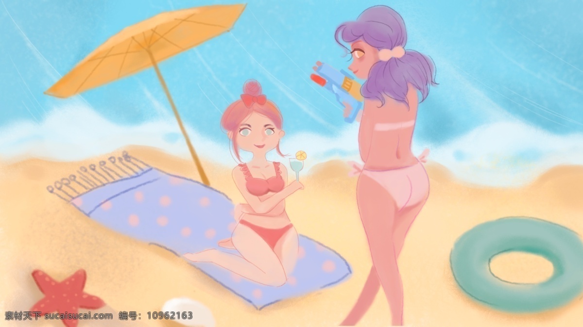 夏季 狂欢 会 海浪 沙滩 美妙 假日 蓝色 小清新 插画 狂欢会 夏日 开心 夏令营 度假 黄色 沙子 快乐