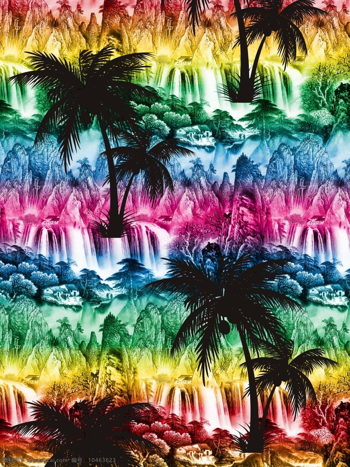 男装 椰树 彩色 抽象 大牌 山水 热带 外单 数码印花 服装印花 分层