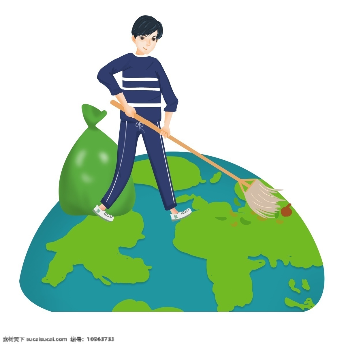 创意 手绘 站 地球 上 打扫 小 男孩 世界地球日 劳动节 小男孩 垃圾袋 环保 树木 白云 土地 绿植 创意手绘 卡通手绘风格 海报 banner 可爱