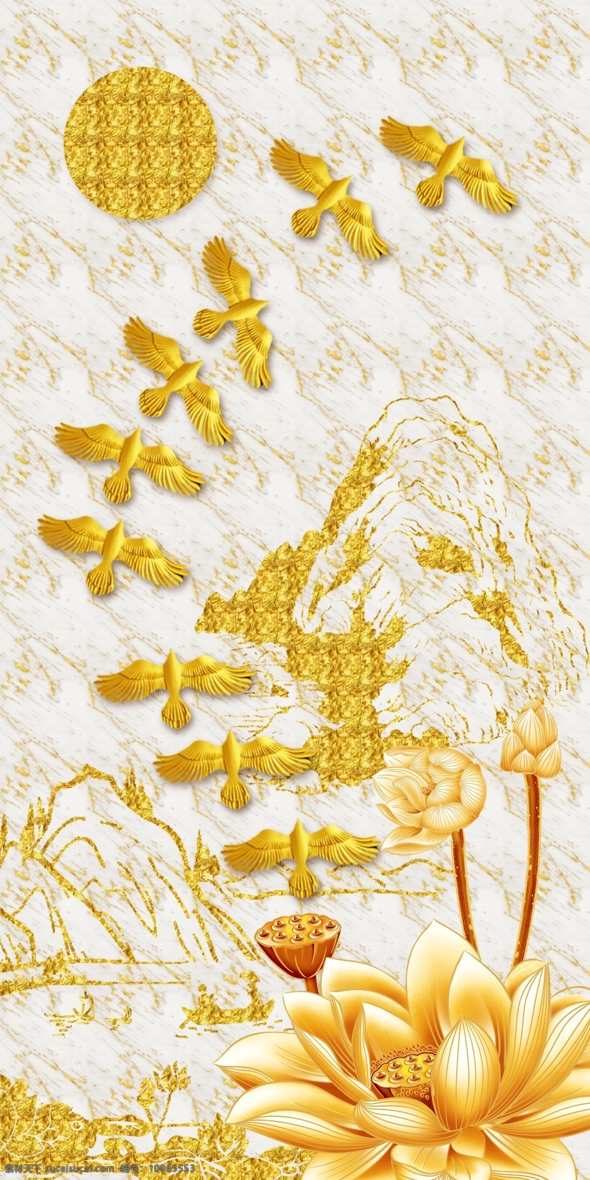 现代 金色 立体 富贵 画 荷叶 飞鸟 装饰画 玄关画 立体画 文化艺术 绘画书法