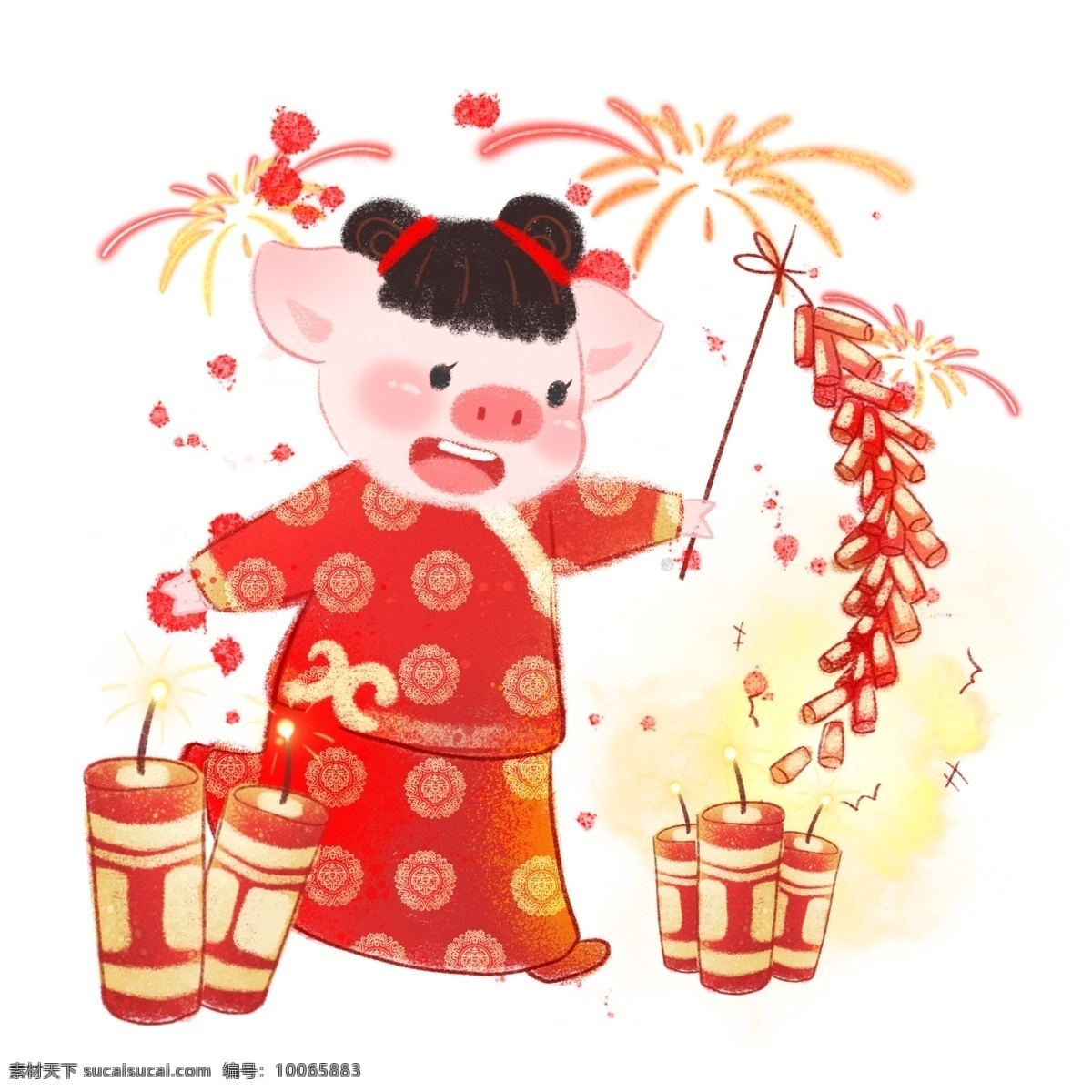 金 猪 拜年 2019 年 女孩 放 鞭炮 猪年 金猪 小猪猪 金猪猪 2019年 恭喜发财 喜庆 祝福 过年 卡通风 童话风 插画 壁纸 装饰画