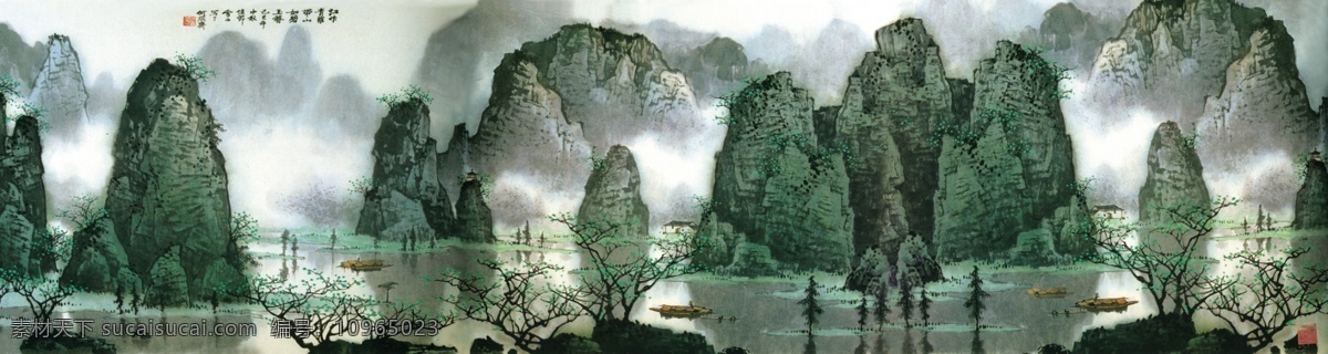 漓江山水 白雪石山水 国画 绘画 写意 水墨 文化艺术 绘画书法 绿色
