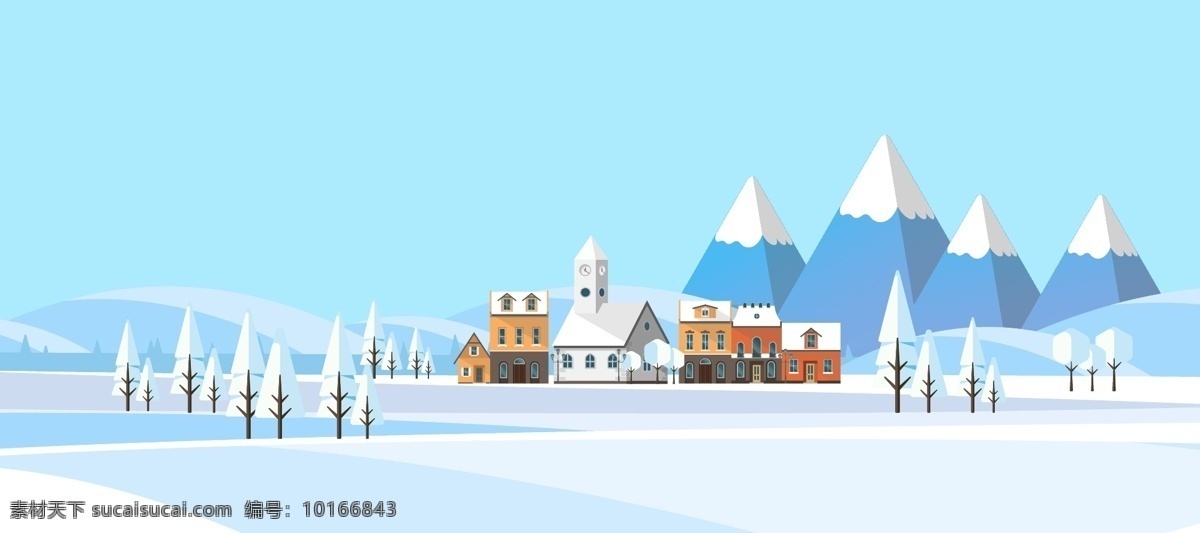 低 多边形 风景画 山峰 房子 树木 雪景 雪花 矢量 高清图片