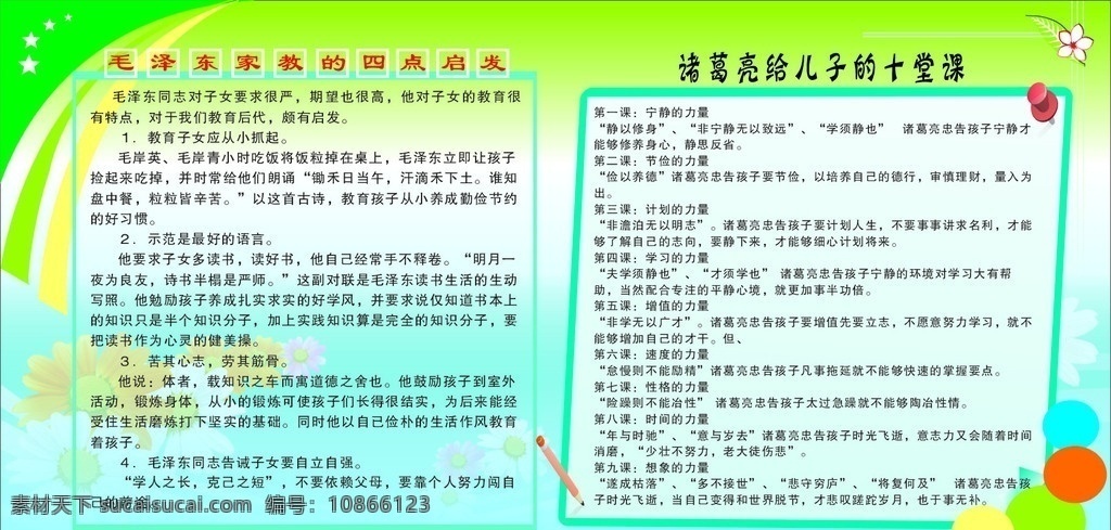 展板 展板模板 学校展板 小学展板 教育展板 蓝色展板 绿色展板 诸葛亮 儿子 十堂 课 毛泽东 家教 四 点 启发 菊花 圆 星星 矢量图 矢量