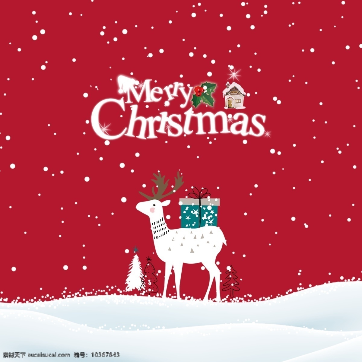 可爱 手绘 背景 红色 圣诞 雪花 麋鹿