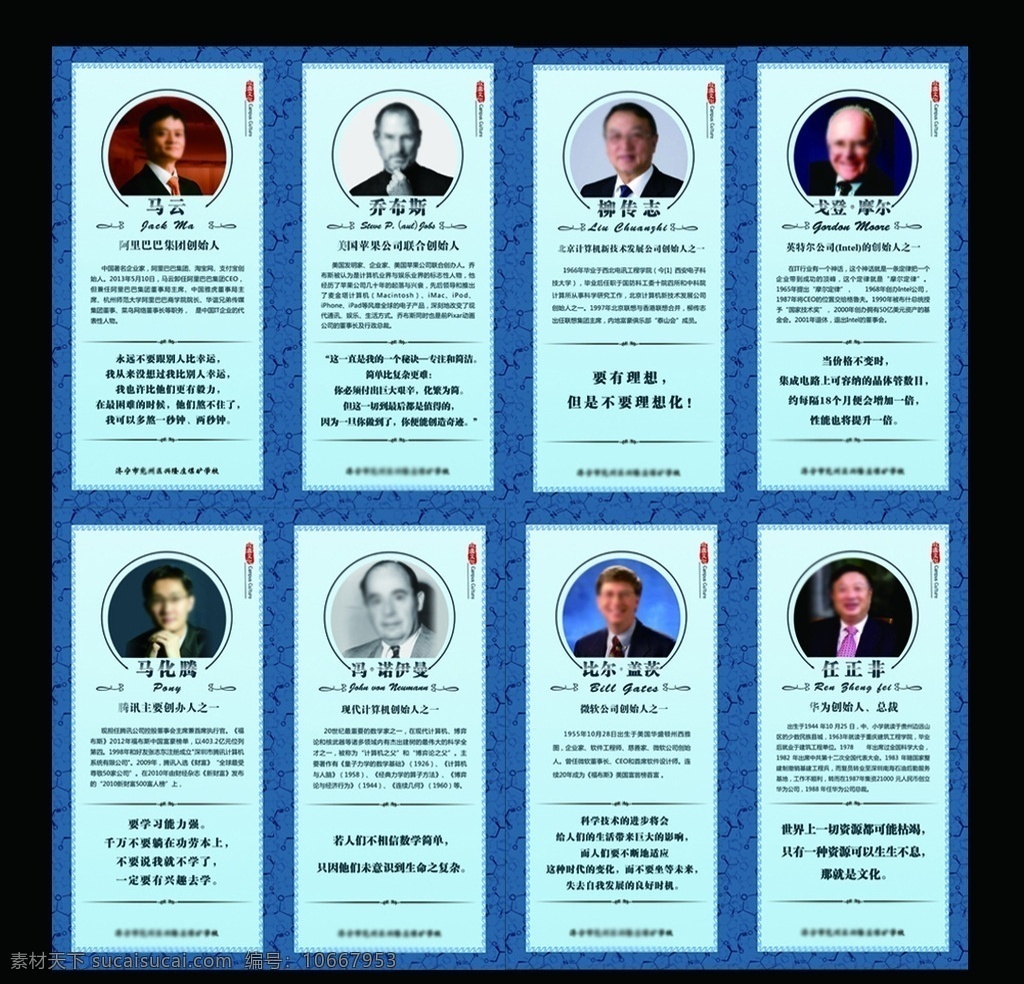 名人名言 名人 名言 名人像 边框花纹 花纹 蓝色 名人简介 微机室 微机名人名言 微机 马云 乔布斯 马化腾 任正菲 比尔盖茨 柳传志 冯诺依曼 学校文化 学校 校园文化 室内展板 展板 校内 展板模板