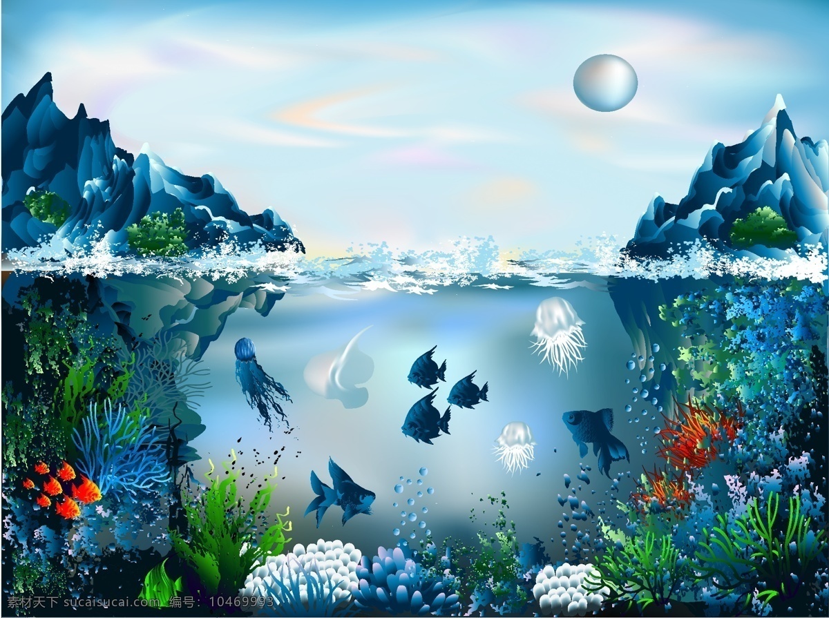 海底世界 海洋 海底 生物 鱼 山 水 蓝色 热带鱼 珊瑚 海洋生物 生物世界 矢量