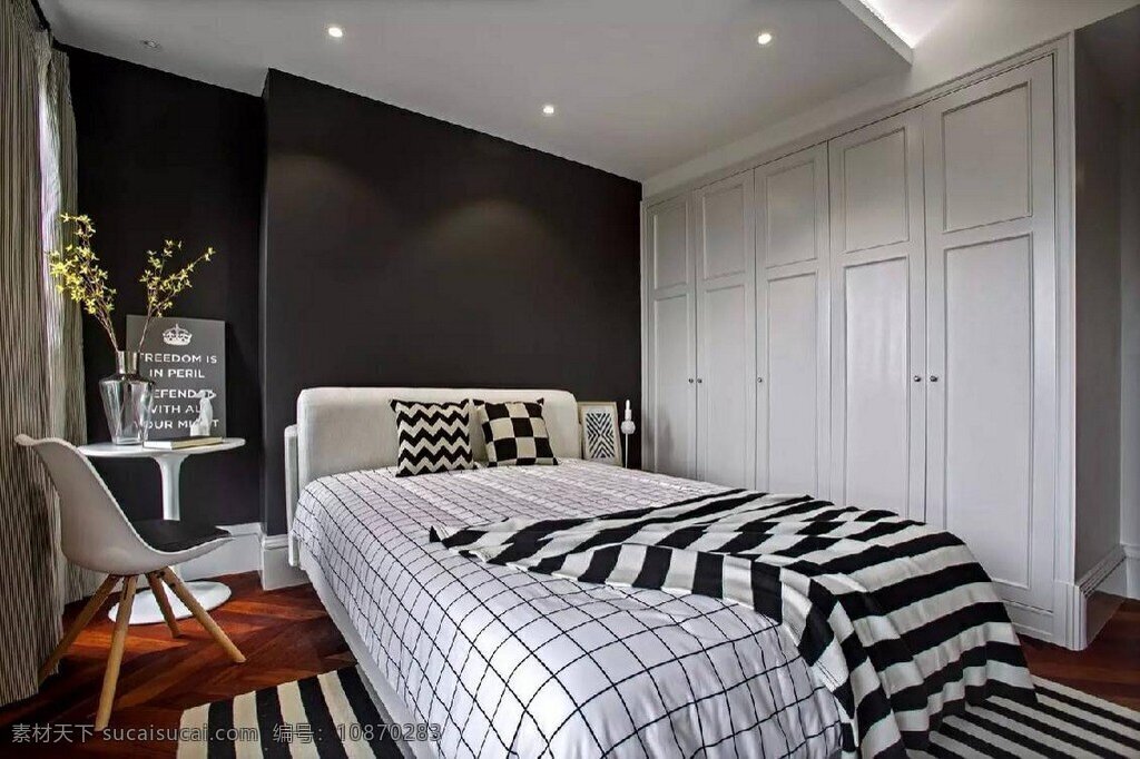 现代 时尚 卧室 黑色 背景 墙 室内装修 效果图 卧室装修 条纹地毯 白色衣柜 黑色背景墙