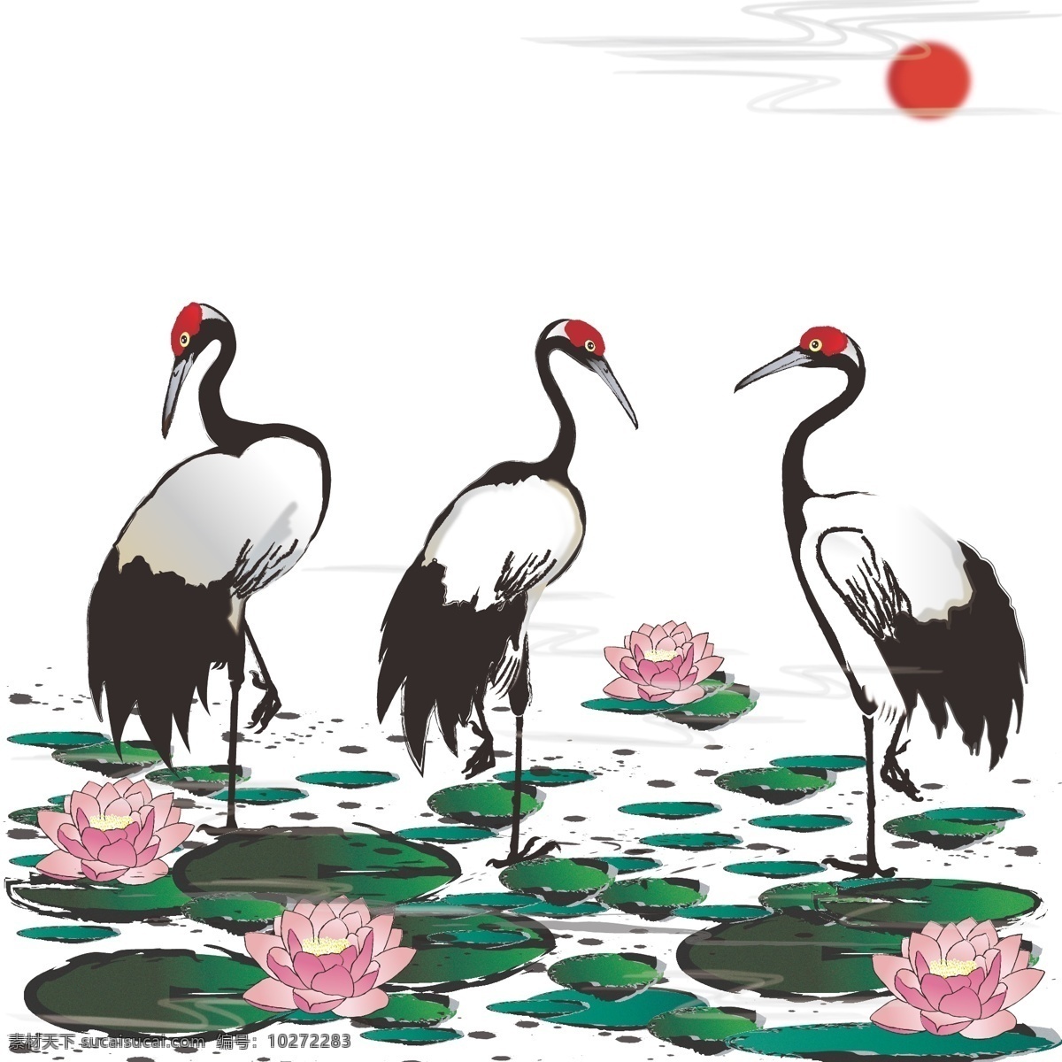 精品 中国 风 水墨 仙鹤 睡莲 莲叶 花鸟 植物 元素 中国风 荷花 鸟 丹顶鹤 荷叶 手绘