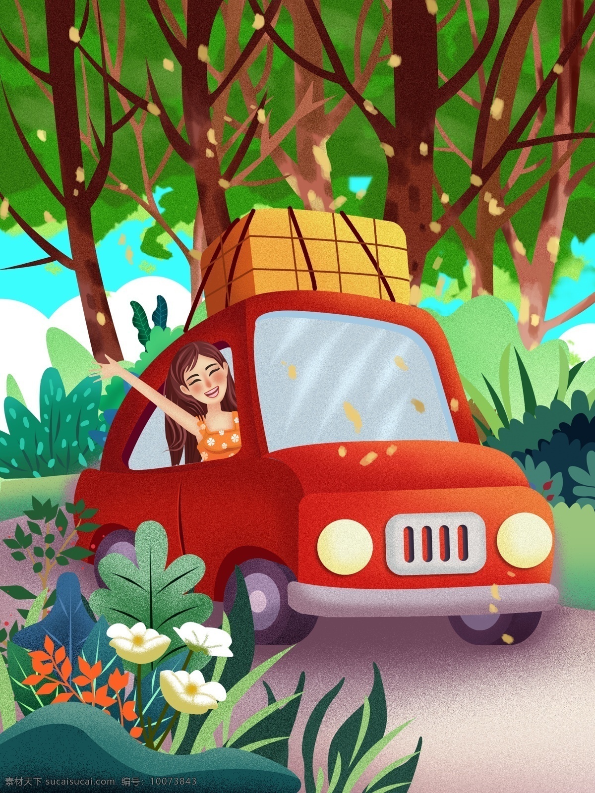 自驾游 户外 旅行 汽车 长发 美女 招手 小 清新 插画 树林 行李 轿车 卡通绘画 车 花 植物 说走就走 女孩 黄裙子 旅途 开心 橙色 绿色 打招呼