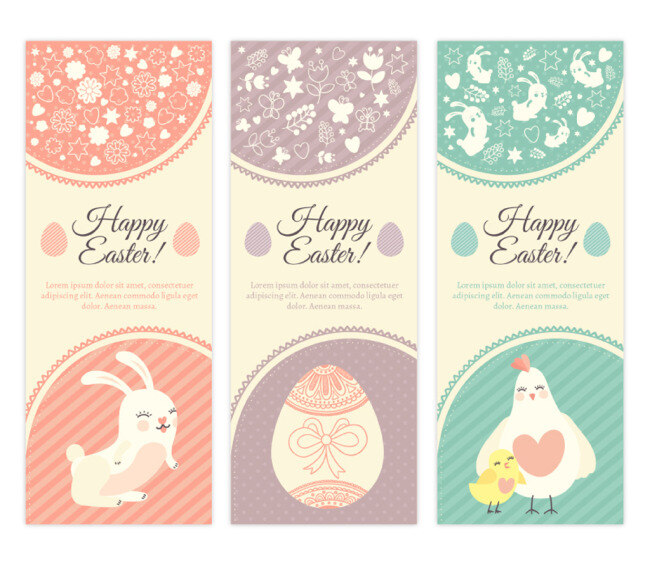 清新 复活节 矢量 卡片 兔子 鸡 鸡蛋 节日 卡通 可爱 白色