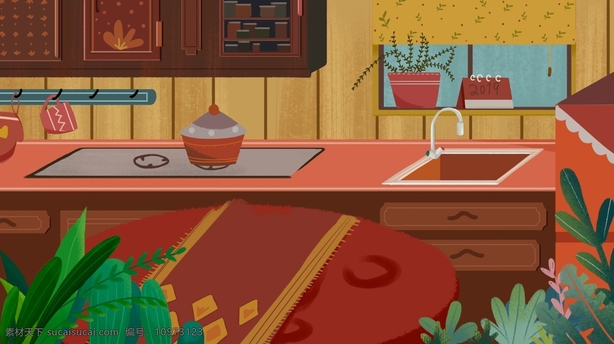 手绘 家居 厨房 背景 水池 厨具 背景设计 手绘背景 psd背景 促销背景 背景展板图