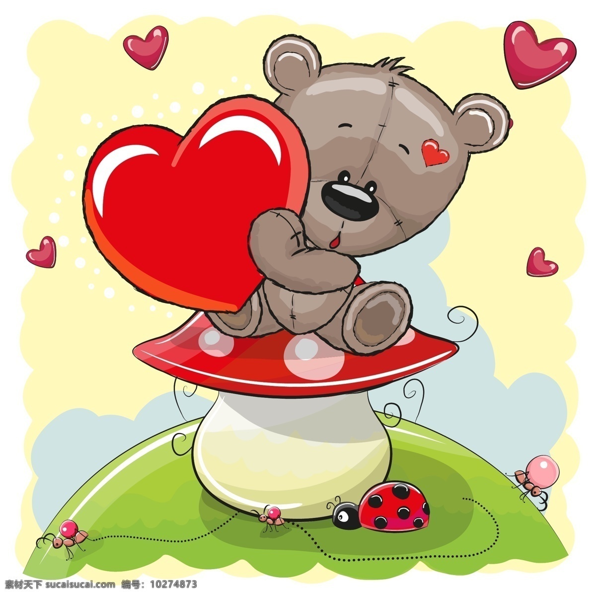 卡通 坐在 蘑菇 上 泰迪 熊 矢量图 瓢虫 蚂蚁 玩具 泰迪熊 爱心 名片卡片