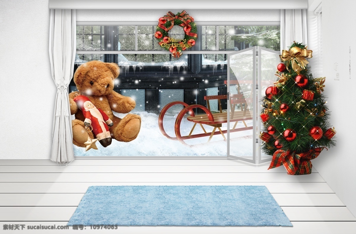温馨圣诞节 圣诞节 小熊 雪橇 圣诞树 地毯 落地窗