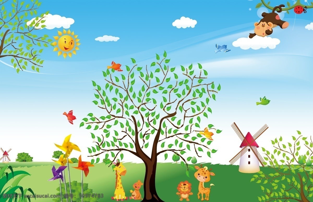 幼儿园 幼儿动漫 儿童漫画 漫画 幼儿素材 风车 太阳 动物 树木 简笔画 展板 室内广告设计 青色 天蓝色